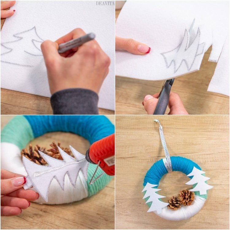 DIY tallkottskrans gör själv garnfilt granar klippt bandband slips