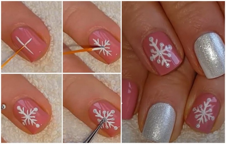 Måla snöflinga på nageln dammig rosa och silver nageldesign