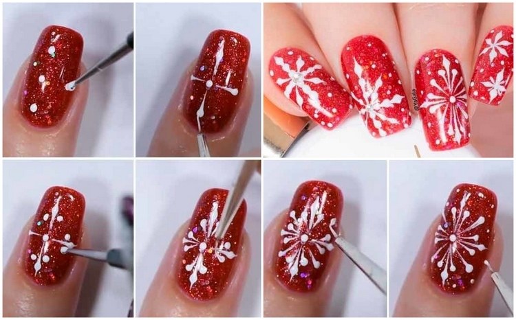 Måla snöflingor på naglarna med en extra tunn pensel