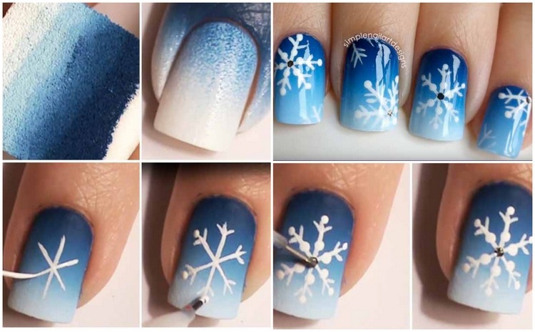 Måla snöflingor på naglar i en lutning från blått till vitt