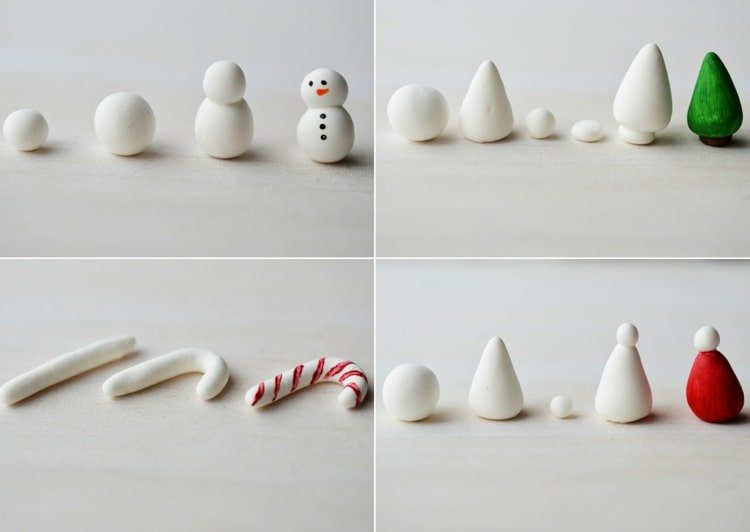 Gör lekfigurer själv för julspel från hantverkslera - snögubbe, gran, godisrör och tomtehatt