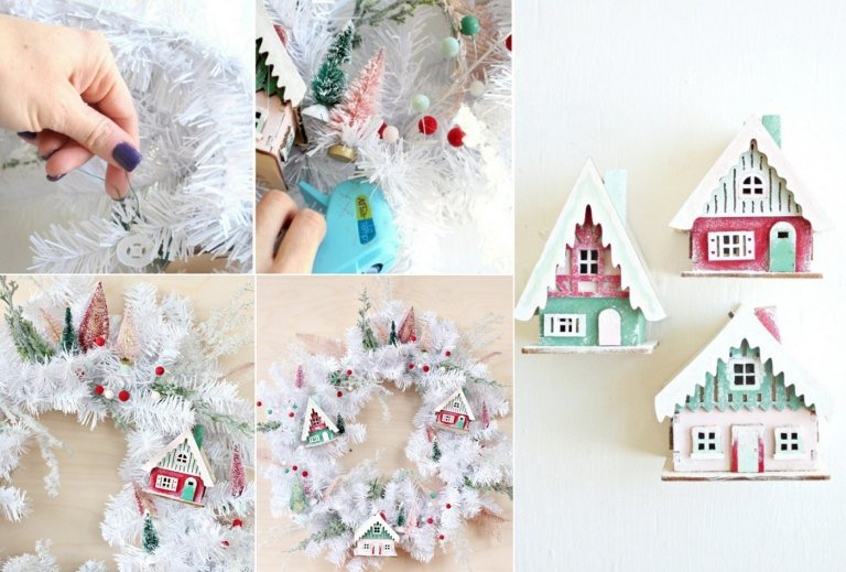 Skapa instruktioner för moderna juldörrkranser med små hus