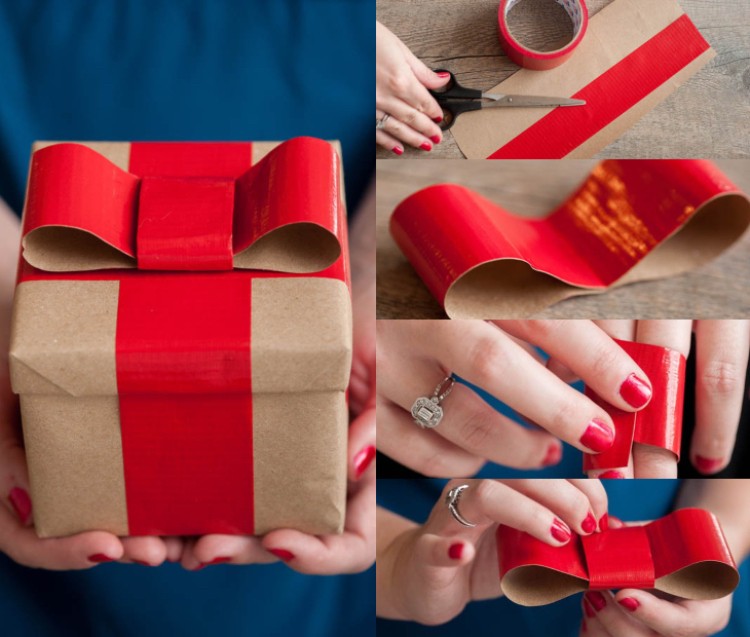 Tinker julförpackning Gör en presentförpackning med rosett av färgat tejp själv