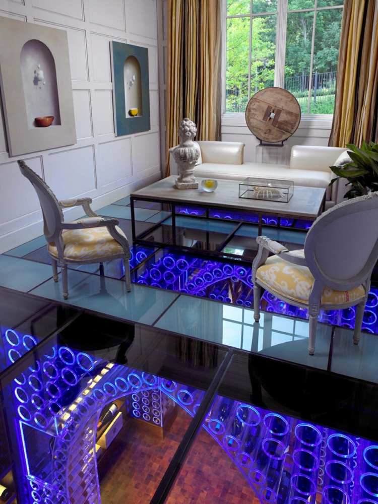 vinförvaring-källare-vardagsrum-belysning-blå-transparent-golv-tak