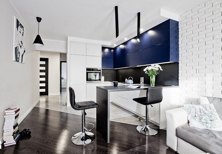 vilket-färg-kök-modern-vit-djup-blå-front-svart-glas-stänk skydd
