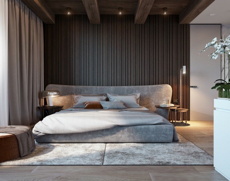 sovrum färg kombination grå brun vägg design matta