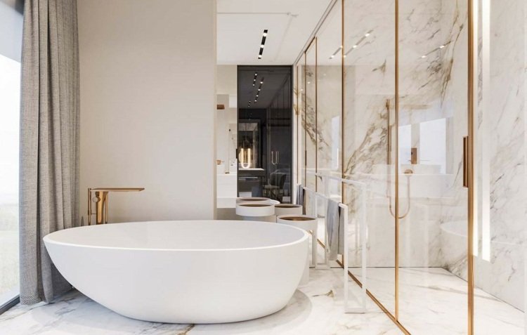 badrum fristående badkar marmorgardiner grå