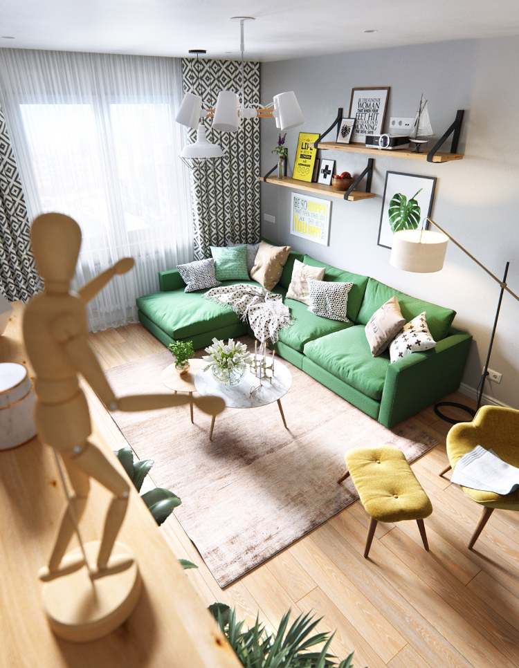 färgschema gröna och gula möbler vardagsrum