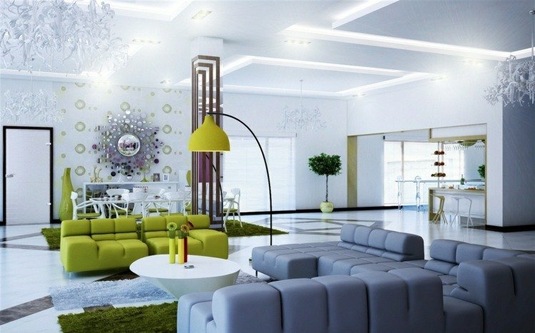 vilken färg går med grönt modernt vardagsrum grå neongrön soffa