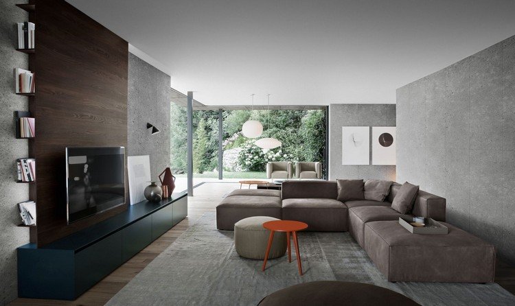 vilka-färger-match-wenge-möbler-vardagsrum-vägg-färg-exponerad-betong-optik-svart-skänk