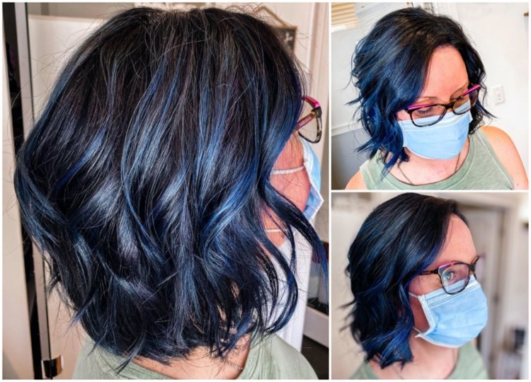 Svart hår med blå höjdpunkter är också lämpligt för kvinnor över 50 år