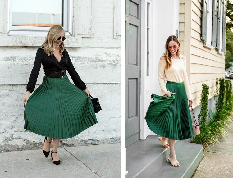 kombinera grön veckad kjol med svarta eller beige skor