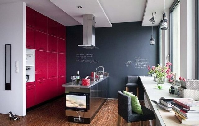 väggfärg-kök-tavla-färg-röd-skåp-fronter-stål-ö
