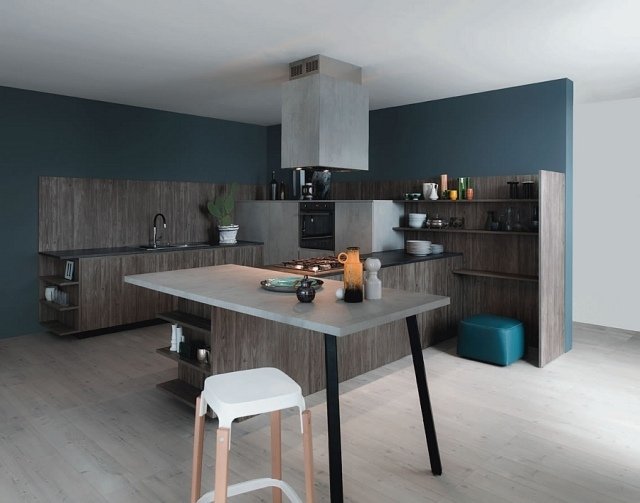 vägg-färg-kök-mörk-turkos-blå-mörk-trä-förtätad betong-optik