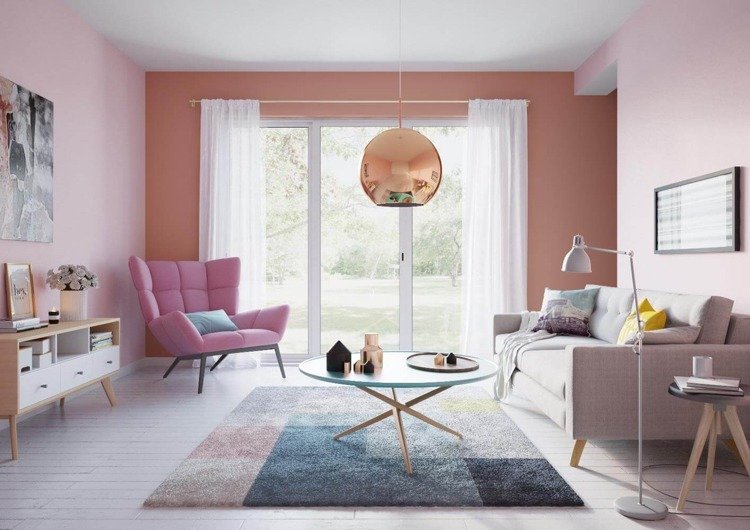 Måla 2 väggar färgade rosa framvägg orange vardagsrum modernt