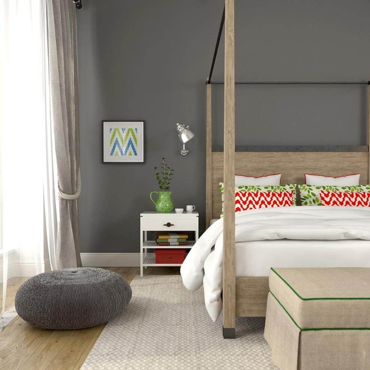 färgad vägg grå sovrum bakom säng trä säng färgglada kuddar
