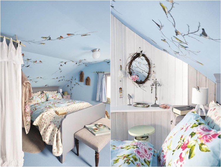 Färgade väggar sluttande tak ljusblå tak golv klistermärken fåglar ungdomsrum