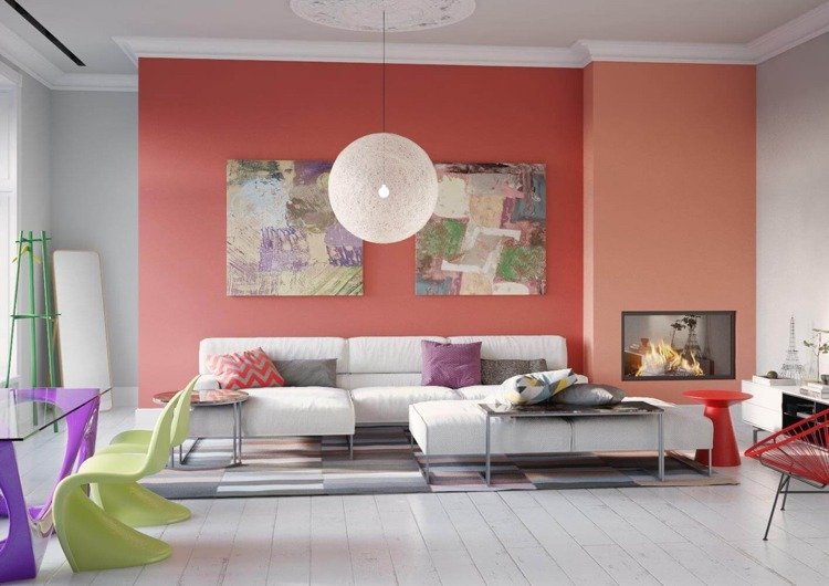 färgade väggar moderna orange toner öppen spis vägg xxl väggmålningar bakom soffan