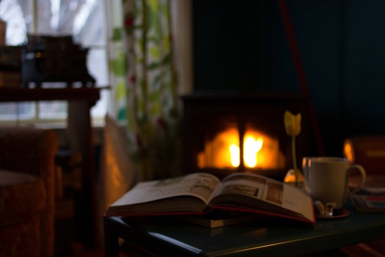 Eldstad vinter ved mysig atmosfär läs en bok