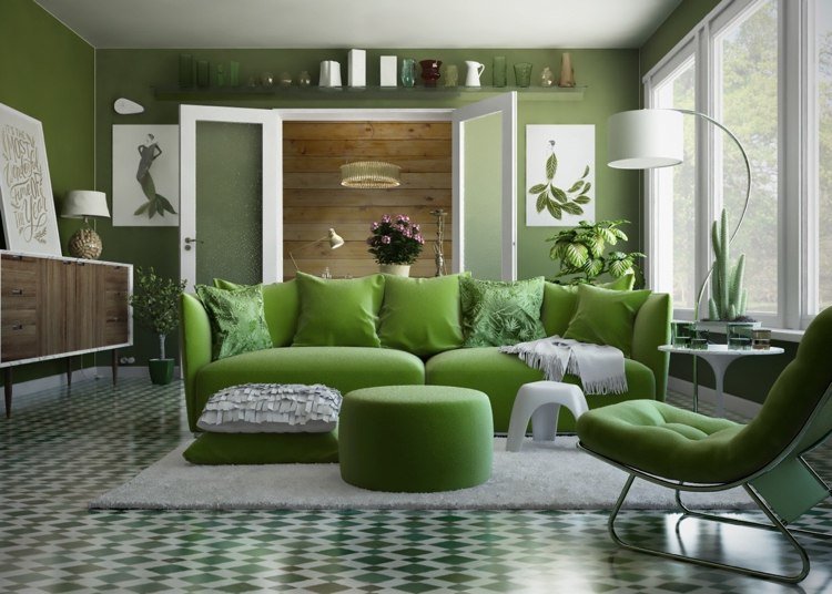 Kalkgrön väggfärg för vardagsrummet i retrostil