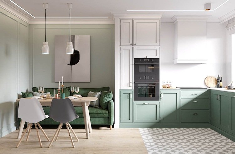 Jade grön väggfärg i kök-vardagsrum i skandinavisk stil Idéer för väggdesign i grönt