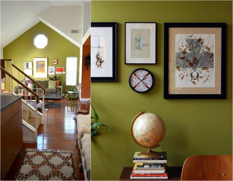 grön-vägg-färg-idéer-oliv-vardagsrum-bilder-svarta ramar
