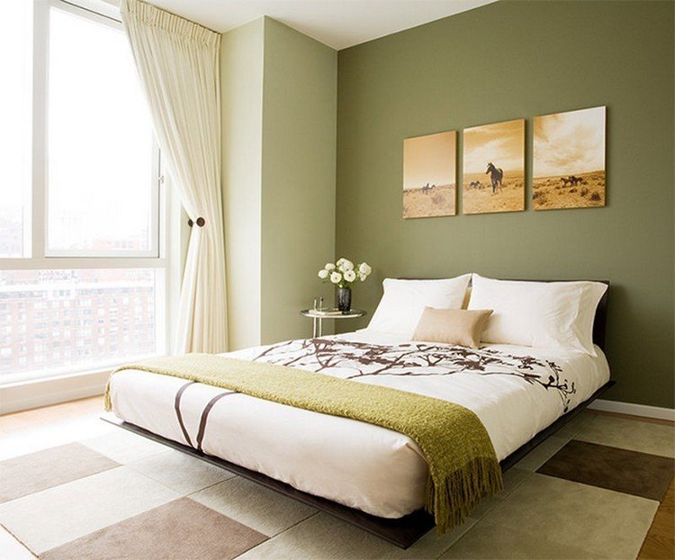 grön-vägg-färg-idéer-oliv-sovrum-bilder-hästar-orange-toner