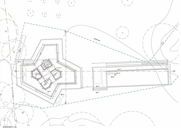 Planlösning av paviljongen med fast tak och pool -spa