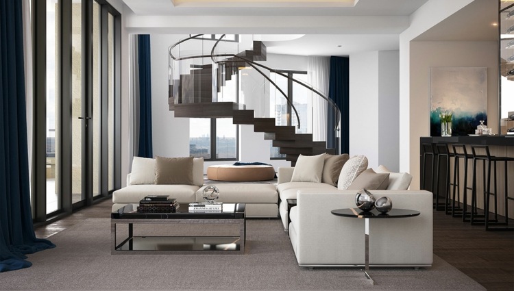 öppet vardagsrum hörn soffa soffbord minimalistisk inredning spiraltrappa trä glas räcke