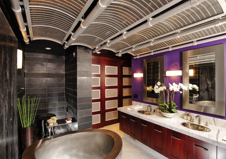 badrum-design-asiatisk stil-stora-dubbla handfat-badkar-oval-dusch-ljus-mörk