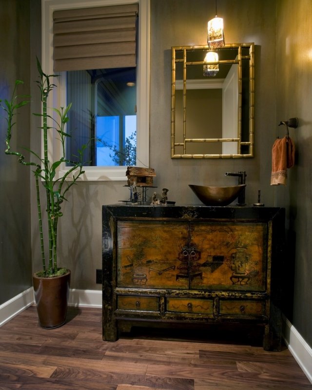 badrum-design-asiatisk stil-vintage-fåfänga-trä-bambu-spegel-ram