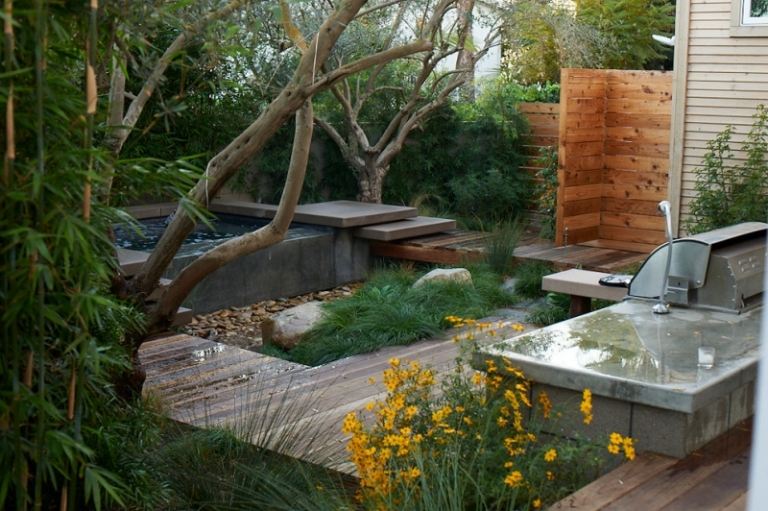 Hot tub trädgård design bakgård idéer