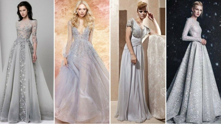 Långa eller korta ärmar ser snygga och eleganta ut på en bröllopsklänning i grått och silver