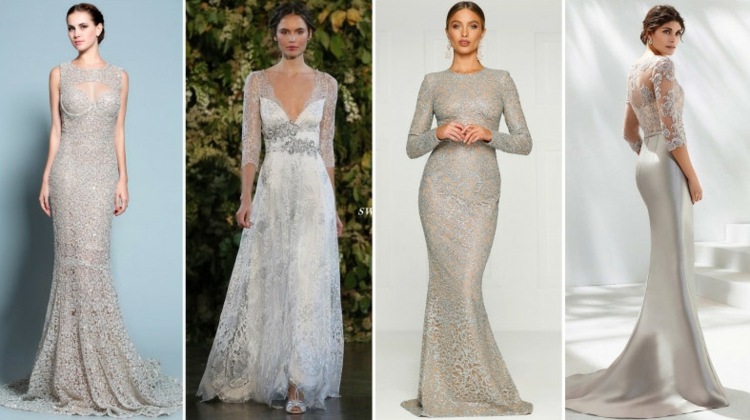 Den klassiska spetsen för bröllopsklänningen i silver är lämplig för olika stilar