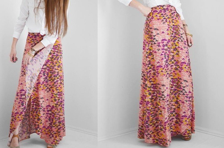 Wrap kjol sy-idé-nybörjare-rosa-ton-geometriska-mönster
