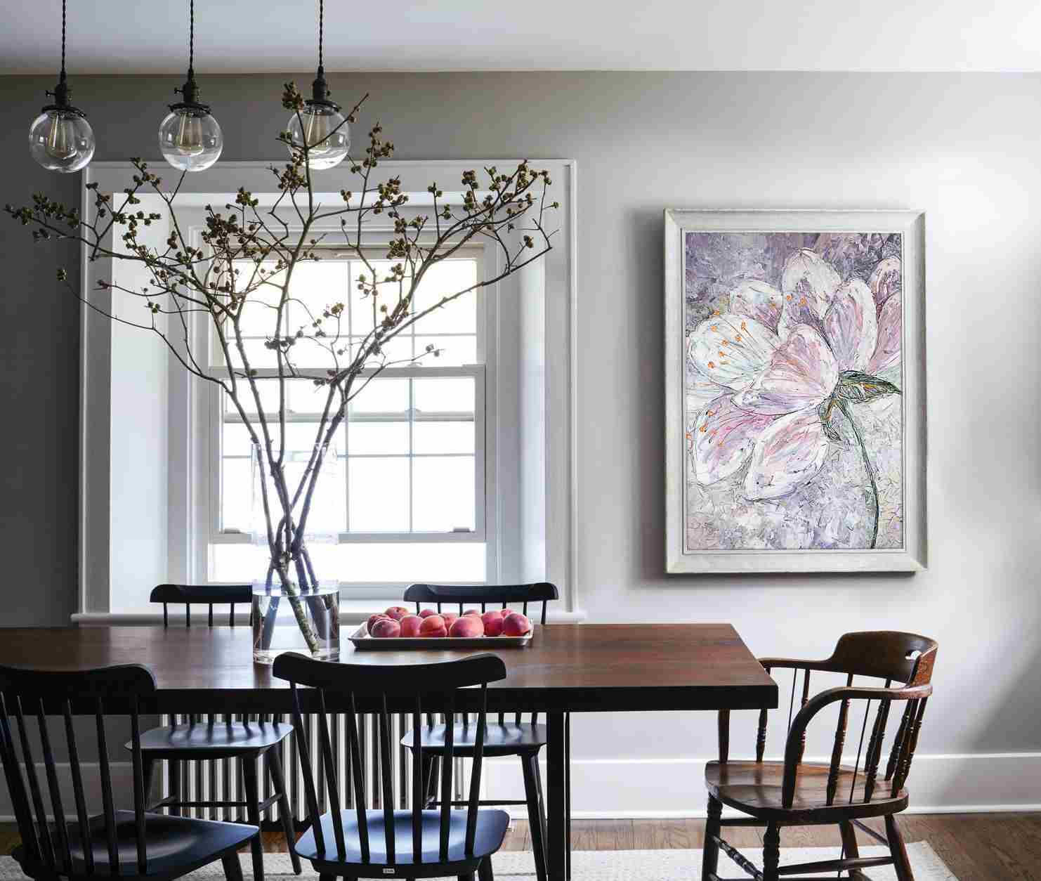 Väggmålning blomma matsal trä matbord