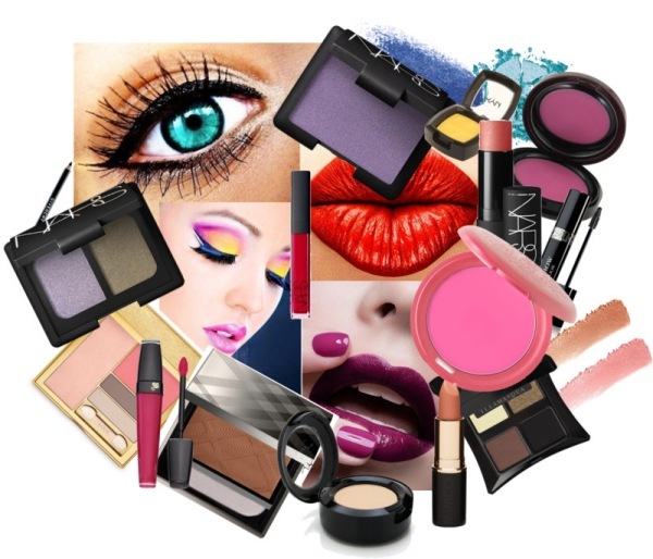 kosmetiska produkter collage läppstift läppglans ögonfransar pensel pulver rouge