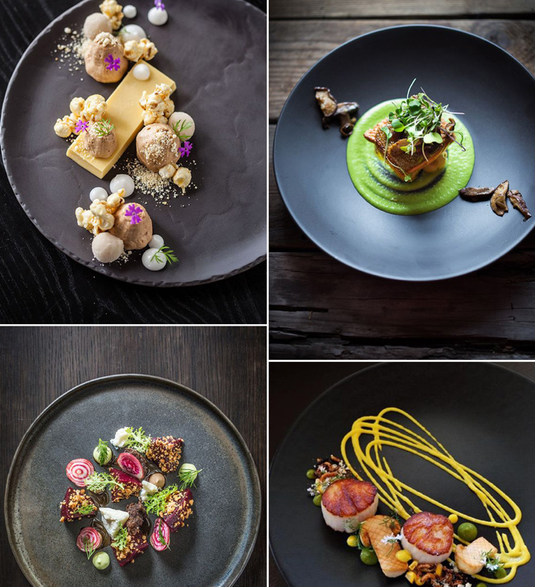 Gourmet tallrik, svart tallrik som serverar färgglad mat