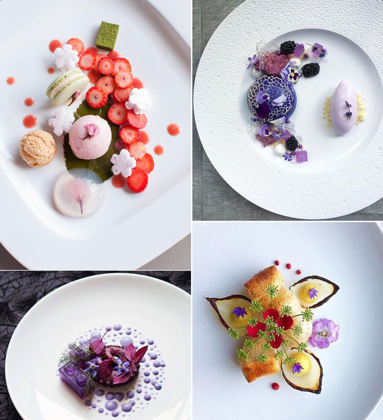 Dessert som serverar ätbara blommor ljus färg