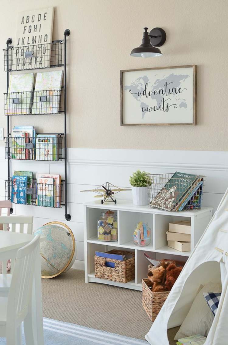 Montessori barnkammare med Ikea möbler som läser hörnkorgar