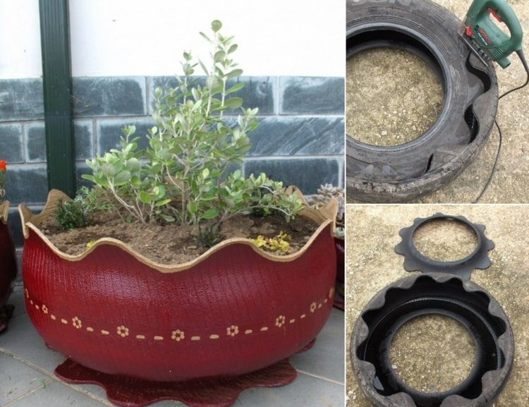 DIY planterad av återvunna däck med ett vågmönster