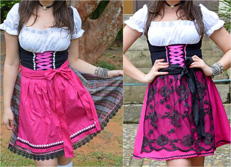 blus med dirndl-klänning-minilängd-förkläde-rosa-svart-spets-vit-dirndl