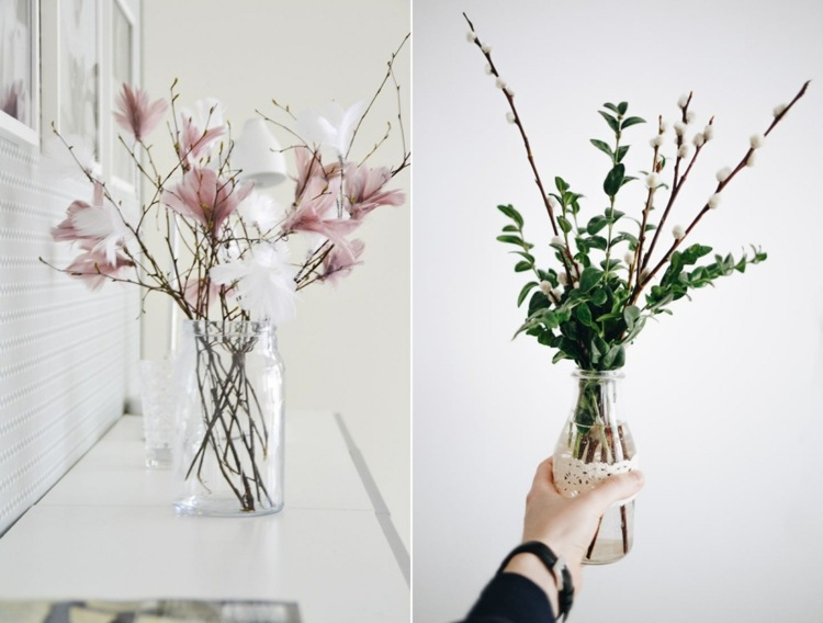 Påskbuske med fjädrar som imiterar magnolia och en kombination av gröna kvistar och fitta