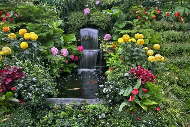 Designidéer blommande blommor färskt vattenfall