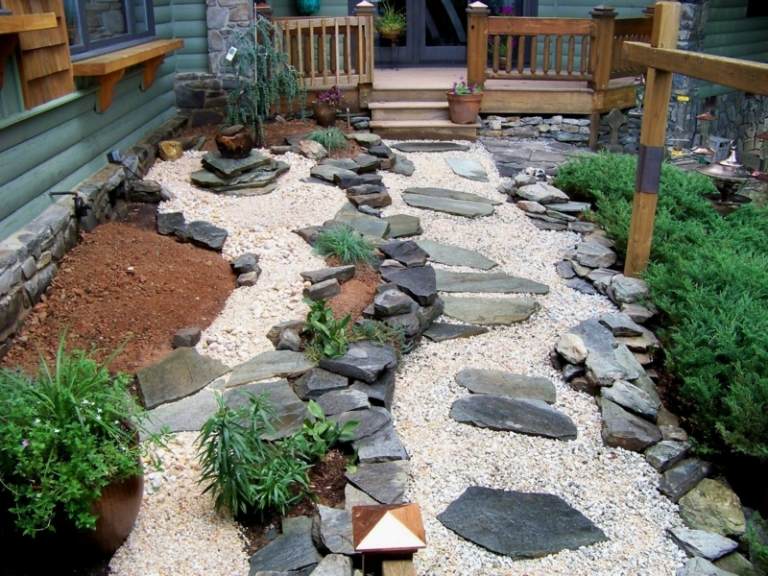 sten trädgård design japansk stil trädgård väg sten plattor småsten vit