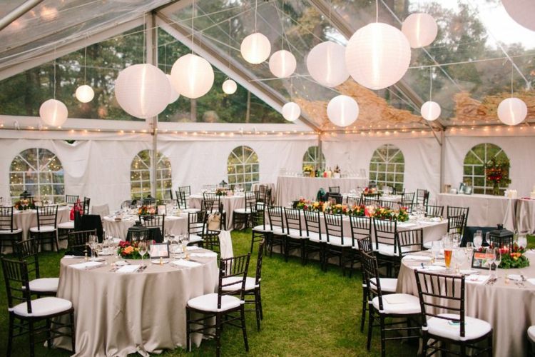 Trädgård bröllop tält dekoration idéer bordsskydd lampor fairy lights