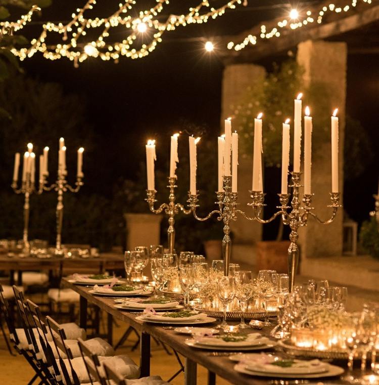 Trädgård bröllop dekoration idéer ljusstake tabeller täcka fe lampor