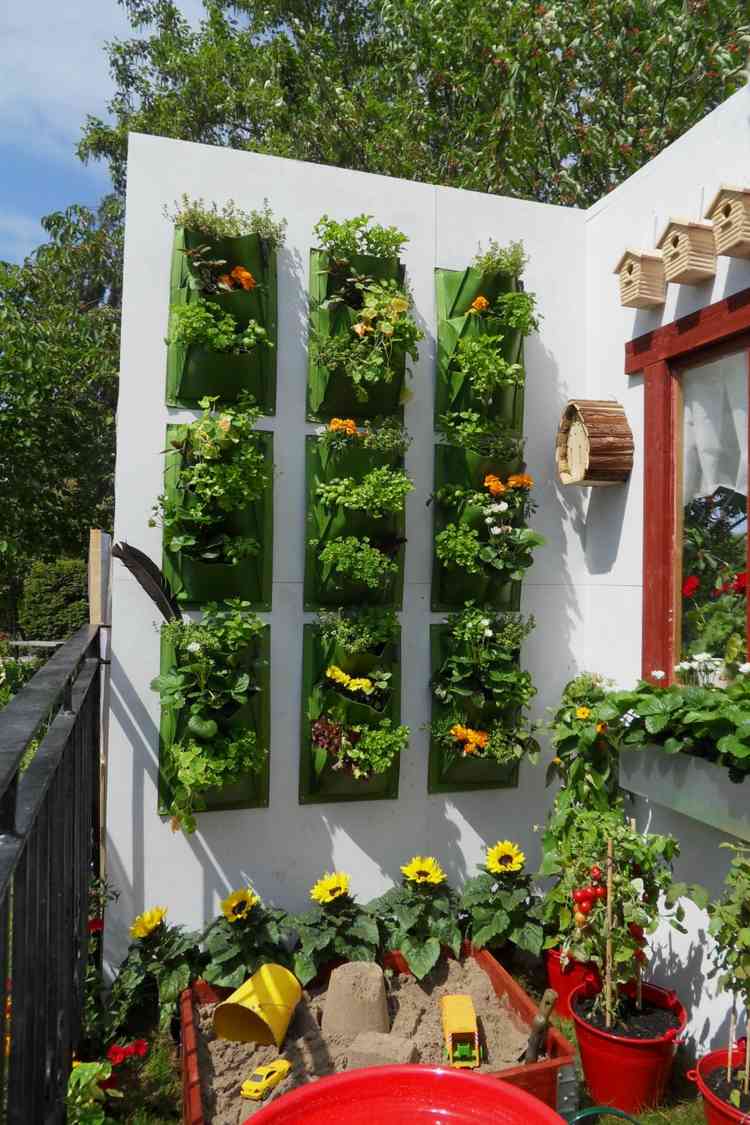 Dekorera en balkongvägg med växtpåsar och blommor