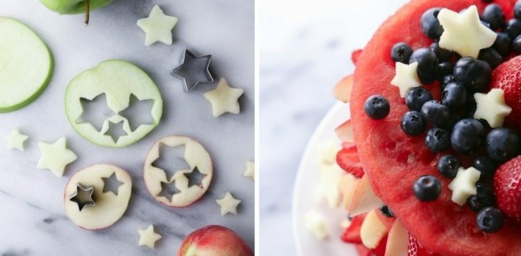 Gör en tårta bara av frukt och skär ut former från äpplen och persikor