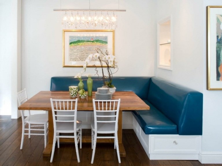 hörnbänk grupp blå läder retro look matbord stolar vita